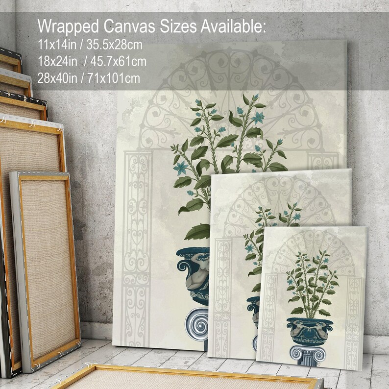 Roman vase on pedestal, Botanical art print, Decorative framed art, Ornate home decor, Planted urn illustration, Large canvas art classical image 7