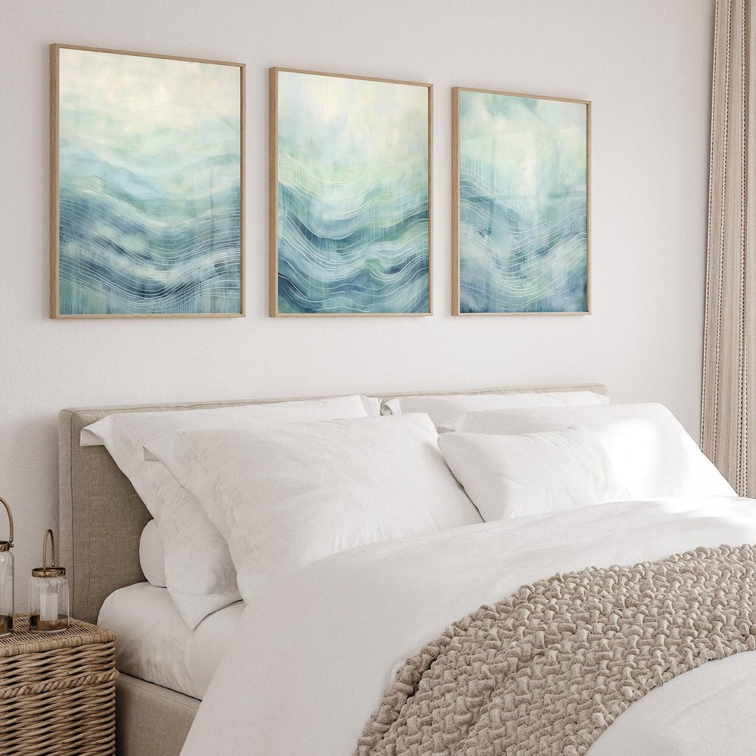 Abstract Ocean Waves Set of 3 Contemporary Art Prints in Blue & Green ...