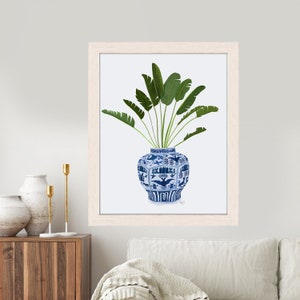 Regalo de inauguración de la casa - Jarrón chinoiserie 5 con planta - Imagen de tarro de jengibre Decoración azul y blanca Póster botánico estilo Hamptons Decoración de hojas verdes