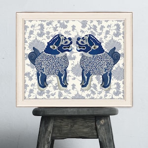 Chinese Foo dogs, Feng Shui gift, Zen home decor, Chinoiserie art, Lion dogs print, Big canvas art, Blue and white, Framed print, Lucky gift