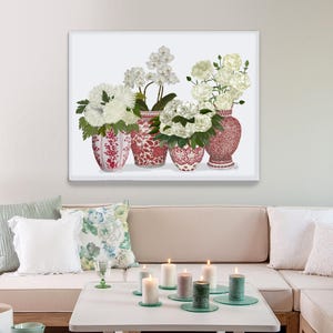 Interni floreali, Vaso cineseria, Porcellana rossa e bianca, Decorazioni per il soggiorno, Arte floreale tropicale, Arte murale asiatica, Stampa artistica botanica immagine 10