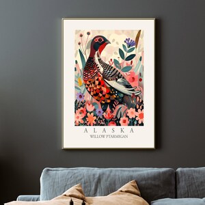 Willow Ptarmigan Alaska State Bird Print, Modern abstract style wall art Home Decor, Backyard Birds of AK, Large Colorful Boho Canvas Poster