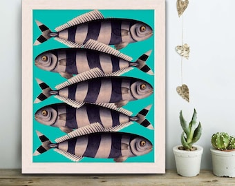 Fish Wall Art - Blue Striped Fish fish print Nautical print sea picture beach house decor wall decor marine painting nautical decor bathroom