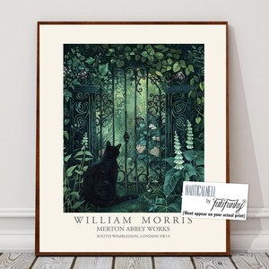 William Morris Stil botanischer Druck, Country Garden Gate Frühlingsplakat der schwarzen Katze, Vintage Wandkunst, Naturblumenillustrationsblumen