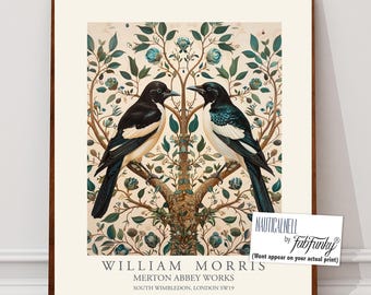 William Morris style bird print, William Morris Magpie In Tree poster, Large Vintage wall art, Wildlife nature lover Illustration, botanical