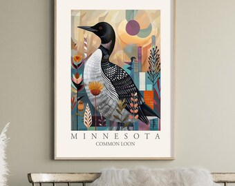 Impressão artística de mergulhão-comum, ave símbolo do estado de Minnesota, decoração boho para casa.