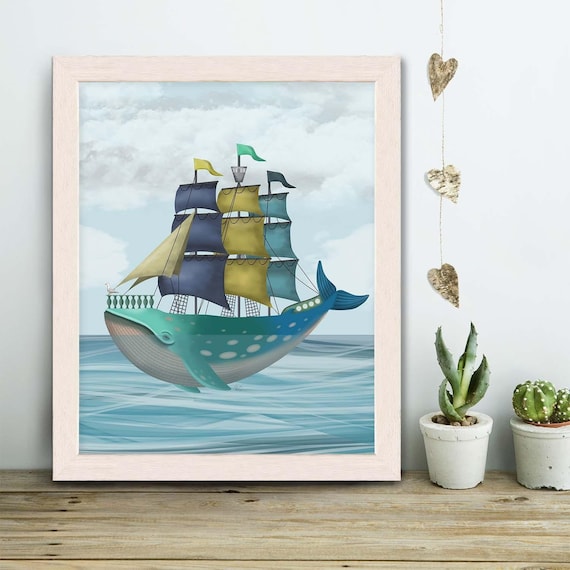 クジラ船のアートプリント – 航海をテーマにした子供部屋の装飾 - Etsy