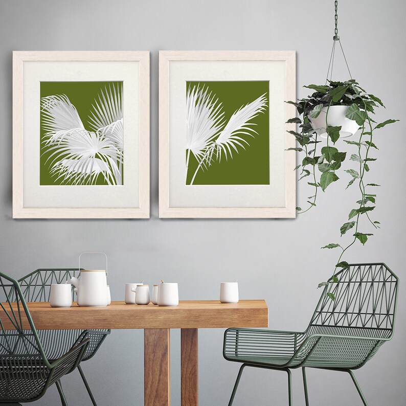 2 print set Fan Palm White on Green Tropical Leaves tropical print botanical print wall art beach house tree hawaii Tropical Decor