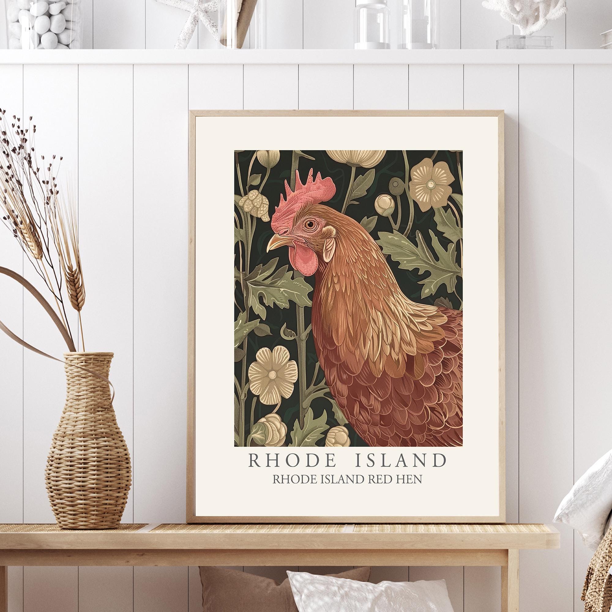 Rhode Island Red Hen Art Print, William Morris Floral Style, New