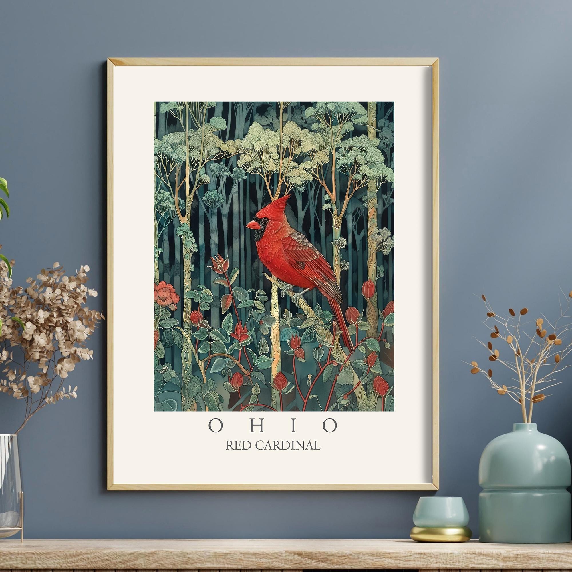 Red Cardinal Ohio State Bird Art Print, William Morris Style Wall