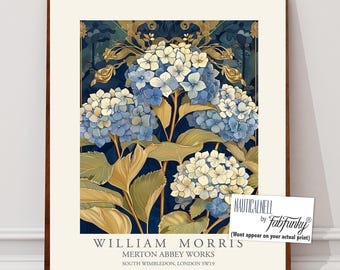 William Morris Style Floral print, Blue White Hydrangea Flower Poster, Large vintage wall art, nature Illustration, Art Nouveau Home