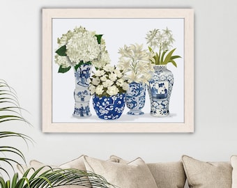 Chinoiserie blue and white ginger jar floral prints, Hamptons coastal art, Chinese wall art, Living room wall, Hydrangea magnolia lilies