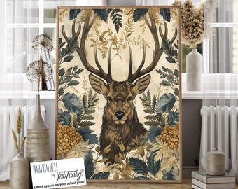 Deer Wall Art, Stag Print, William Morris style poster, Vintage style Botanical poster, Woodland Animal, Gift for Deer Lover, Blue Green