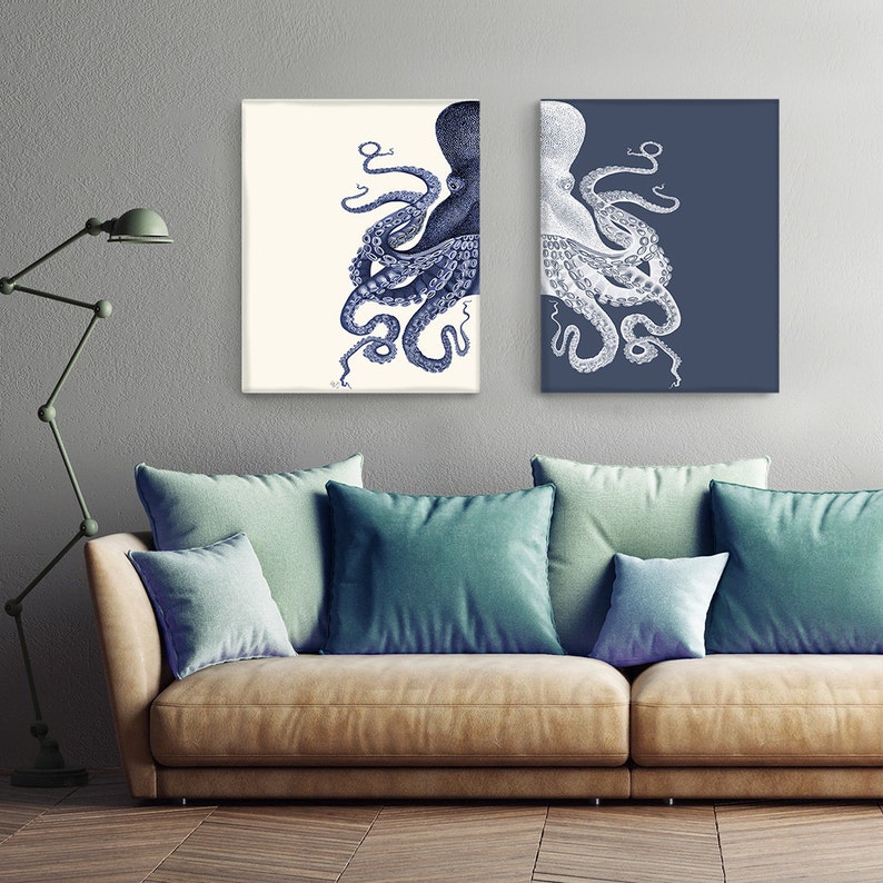 Nautical Art Prints - Octopus Print INDIGO Blue And Cream Set of 2, Octopus art Nautical Print Beach Decor bathroom Decor Beach House Decor 