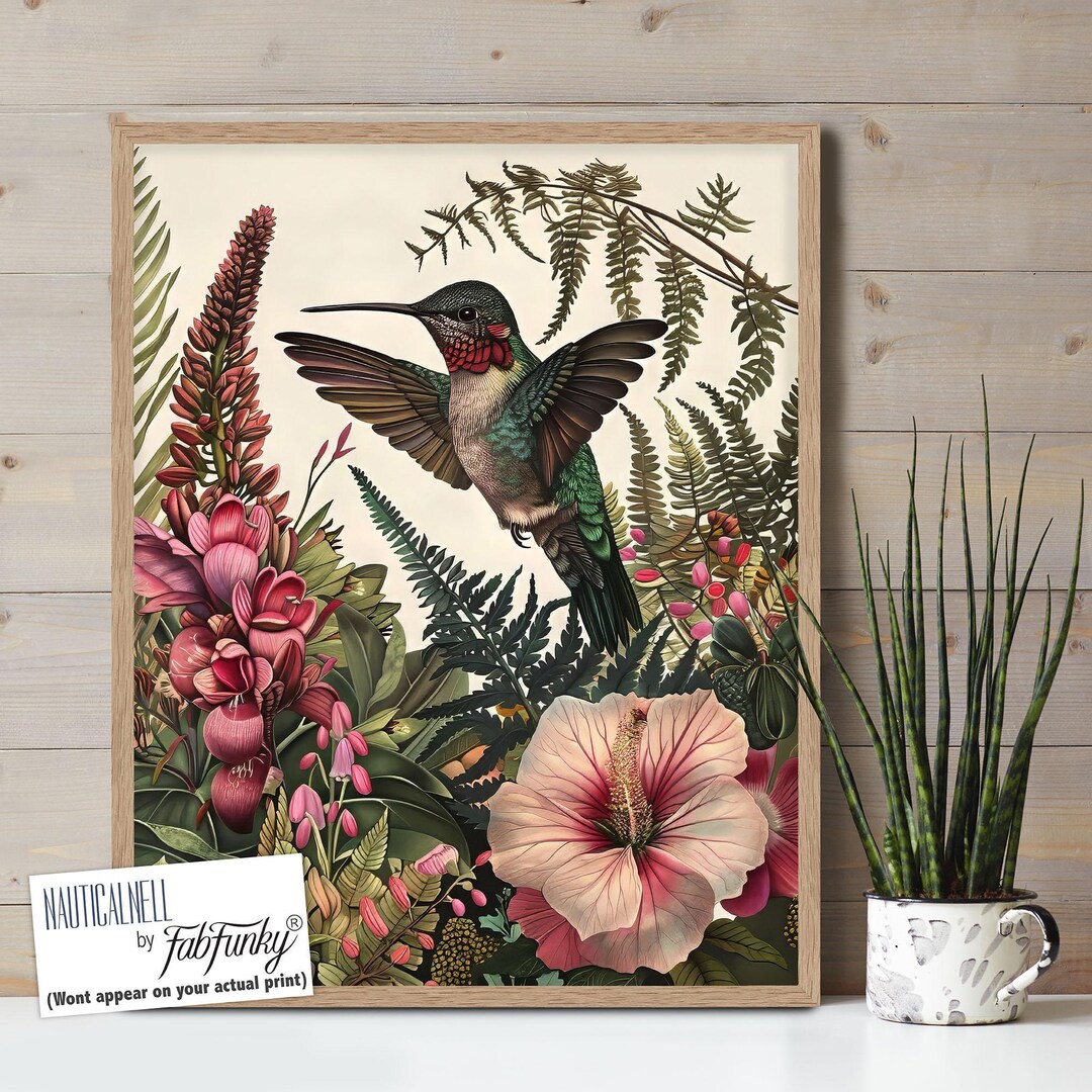 Hummingbird Art Print, Hummingbird Wall Art, Vintage Style Floral ...
