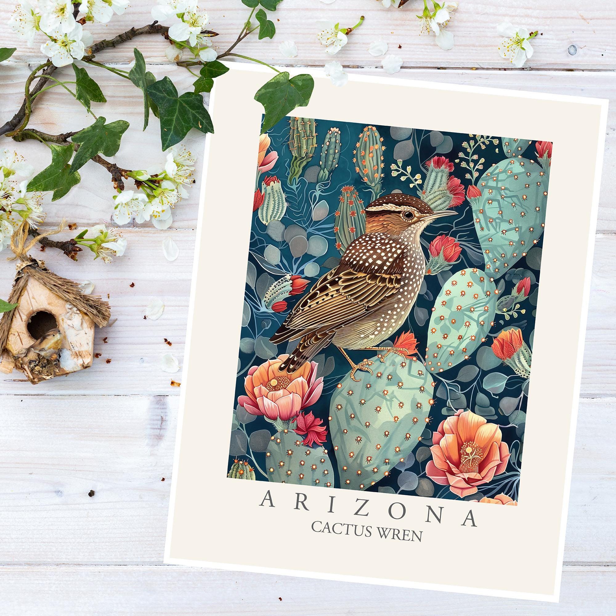 Cactus Wren Art Print, Arizona State Bird, William Morris Style - Etsy