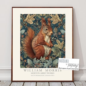 William Morris Style Red Squirrel Botanical Print, Vintage Wall Art