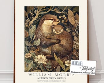 William Morris style print, William Morris poster, Cute Otter Illustration, Vintage style Botanical poster, Woodland Animal wall art
