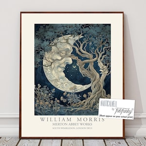 William Morris Style Celestial Druck, Mann im Mond Poster, Große vintage Landschaft Wandkunst, Natur Illustration, Wald Wald Dekor