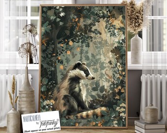 William Morris Style Badger Art Print, Vintage Botanical Woodland Animal