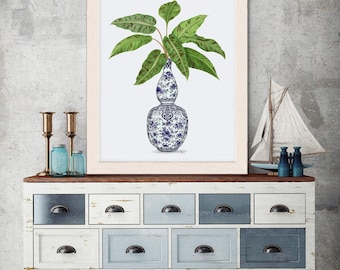 Orientalische Wohnkultur - Chinoiserie Vase 1 mit Pflanze - Blau und Weiß Tropische Pflanze Ginger Glaskunst ostasiatisches modernes dekoratives Kunstwerk Geschenk