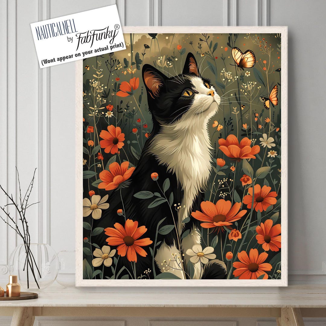 Tuxedo Cat Art Print, Floral Vintage Style Poster - Etsy