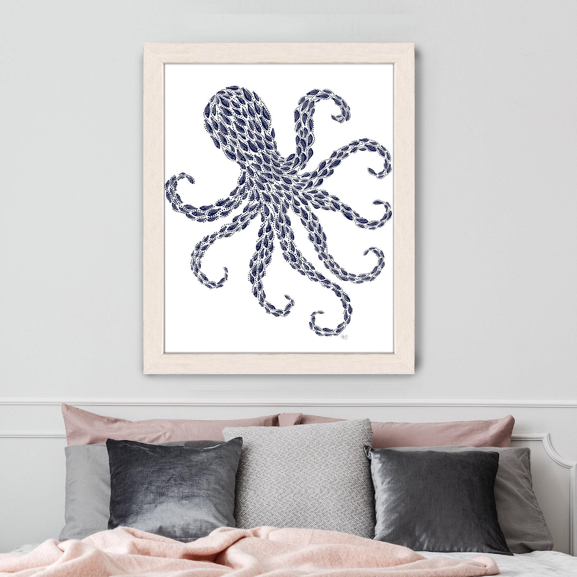 Ozeanblauer Tintenfisch Leinwandbild – Gerahmte Wandkunst 30,5x40,6 Cm, Meerestier-Deko Für Badezimmer & Wohnzimmer