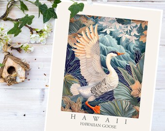 ハワイアン・グース ハワイ州鳥プリント、ウィリアム・モリス風花柄