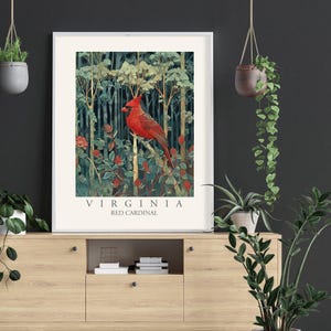 Impresión artística del pájaro del estado de Virginia, cardenal rojo, decoración de pared estilo William Morris, pájaros del patio trasero de Virginia, sur del Atlántico medio, póster colorido grande