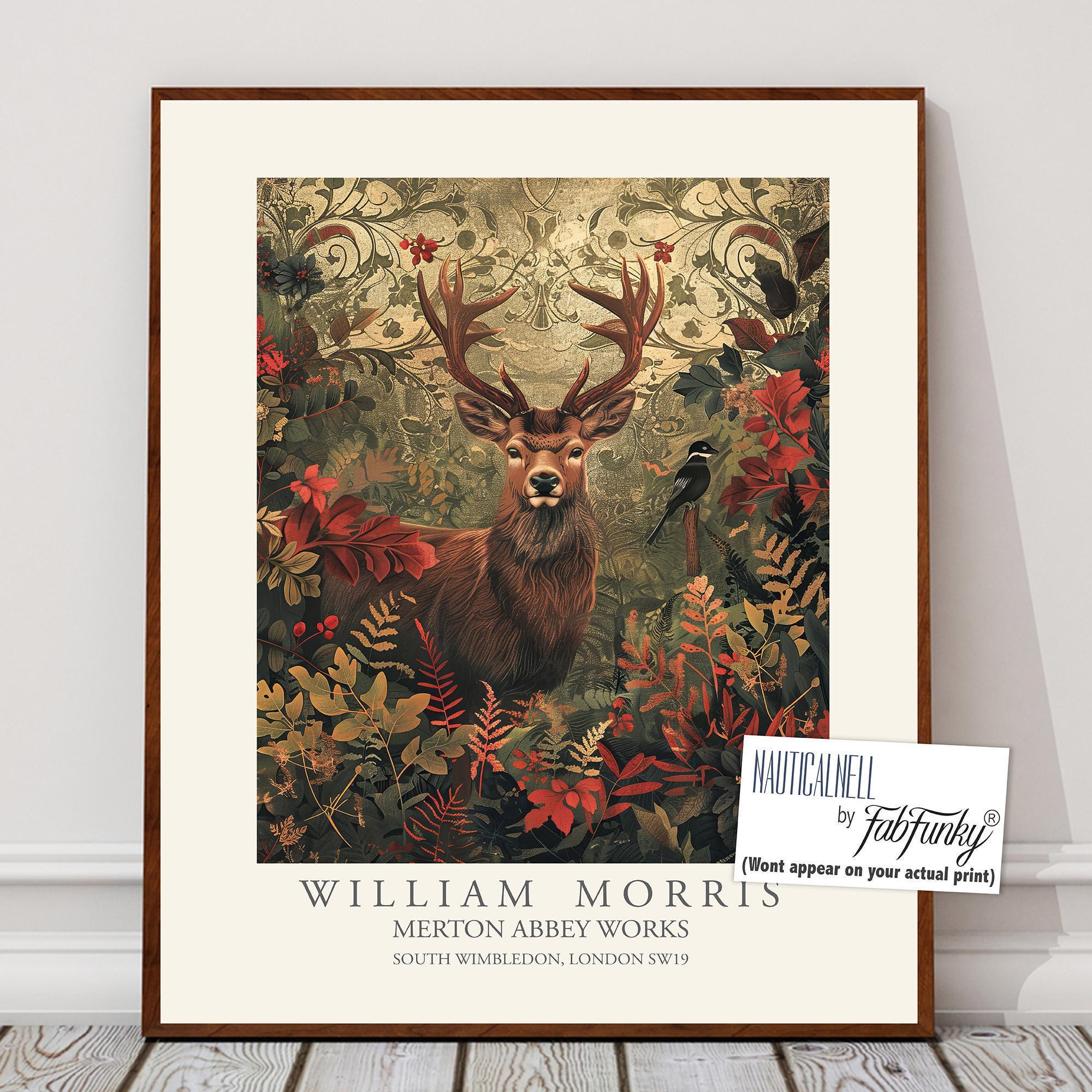 William Morris style print, William Morris poster, Deer Illustration, Vintage style Botanical, Woodland stag, large wall art animal