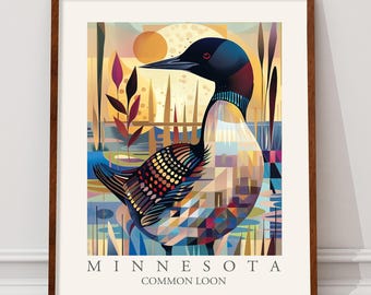 Impressão artística de mergulhão-comum de Minnesota, estilo boho moderno, pôster da ave símbolo do estado.