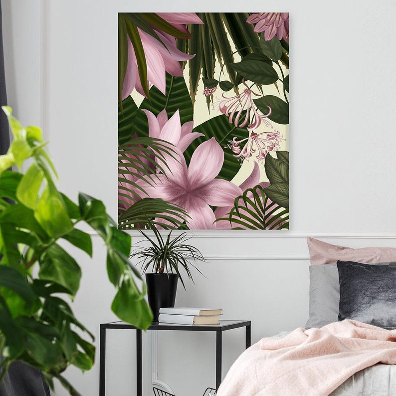 Botanical artwork, wall art on canvas, tropical flower art floral print, flower painting, tropical room decor, pink decor - Tropical blush 4 image 7