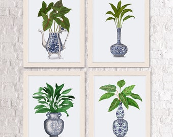 Südstaaten-Stil 4er-Set Kunstdrucke - Chinoiserie Gruppe 1 - Blau-weiße Orientalische Wohnkultur Tropische Pflanzensammlung Floral Interiors art