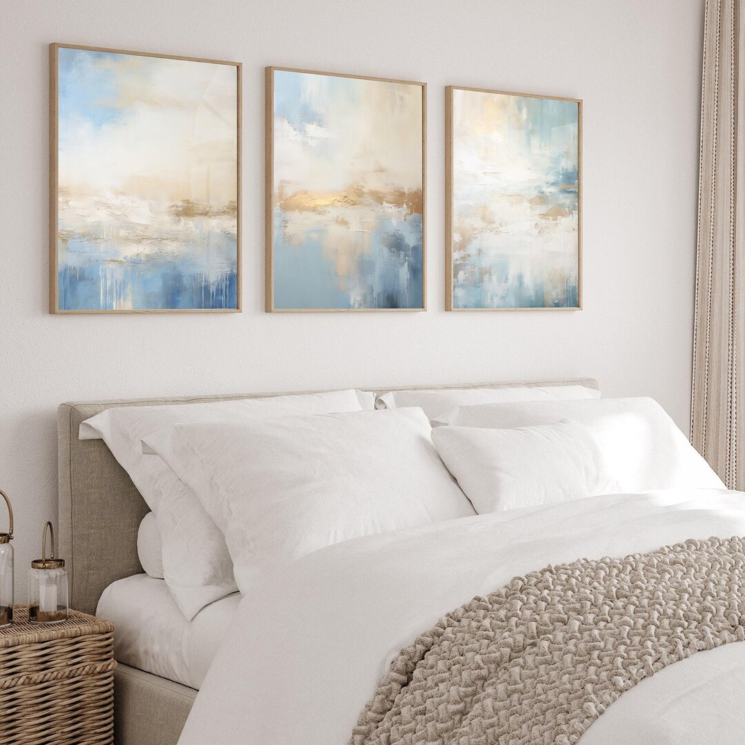 Abstract Wall Art Set of 3 Coastal Chic Prints in Blue & Gold for ...