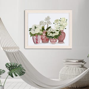Interni floreali, Vaso cineseria, Porcellana rossa e bianca, Decorazioni per il soggiorno, Arte floreale tropicale, Arte murale asiatica, Stampa artistica botanica immagine 1