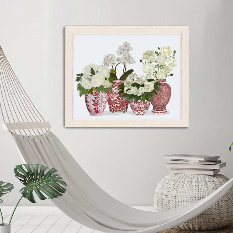 Interni floreali, Vaso cineseria, Porcellana rossa e bianca, Decorazioni per il soggiorno, Arte floreale tropicale, Arte murale asiatica, Stampa artistica botanica immagine 1