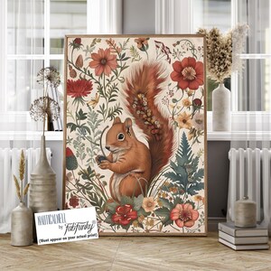 Red Squirrel Art Print, William Morris Floral Woodland Decor