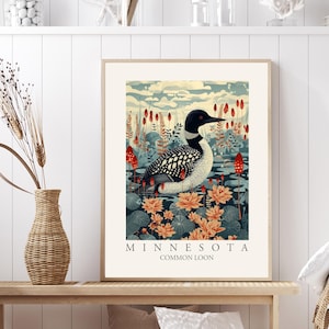 Impresión artística del pájaro estatal de Minnesota, colimbo común, decoración de pared floral estilo William Morris, póster colorido grande de los Grandes Lagos de Minnesota con pájaros de patio trasero