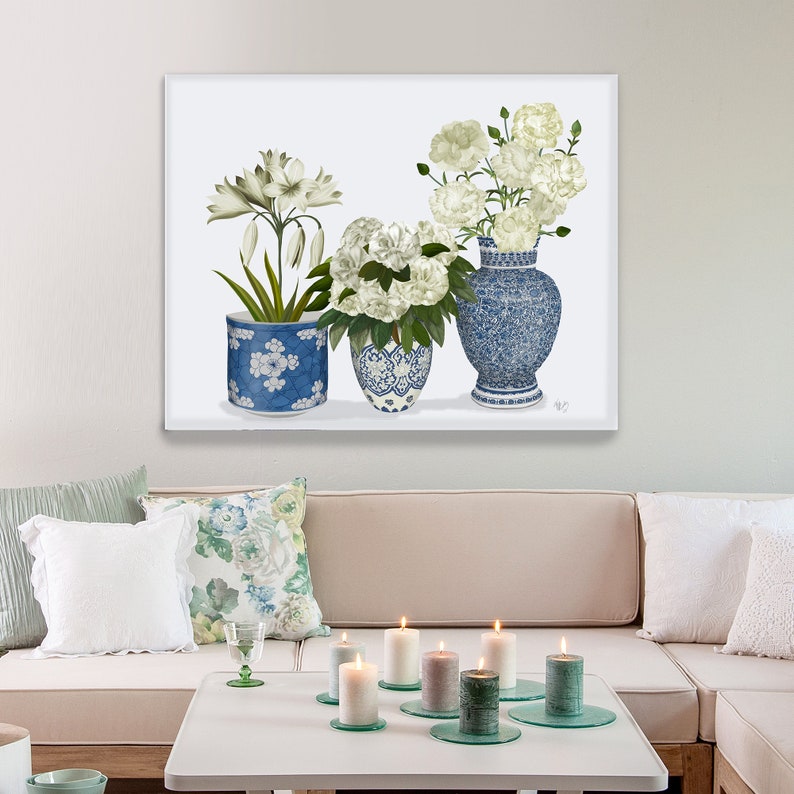 Chinoiserie vazen, Blauw en wit, Botanische prenten, Chinese muurkunst, Hamptons stijl, Bloemsierkunst prenten, Peonie lelie anjer, Canvas kunst afbeelding 10