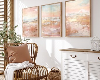 Abstract Seascape Art Prints, Peach Pink Gold Tones, Set of 3
