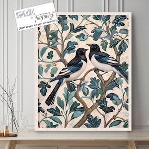 Magpie Tree Art Print, Magpie pair wall art, Wildlife nature lover Illustration, vintage style botanical, William Morris style bird poster