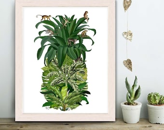 Pineapple print Monkey pineapple wall art green wall art tropical palm leaf green artwork monkey art print botanical print botanical art