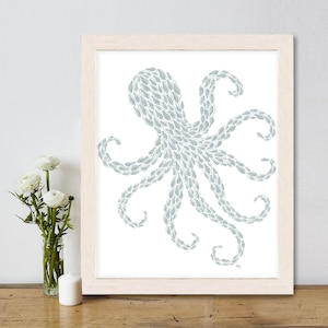 Octopus print, Little fishes painting, Fish illustration, Squid picture, Blue and white art, Bathroom art, Coastal home decor Nautical decor