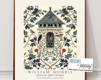 William Morris style bird print, Dovecot Illustration, William Morris poster, Large Vintage style wall art, Wildlife nature lover, birdhouse