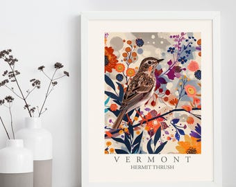 Hermit Thrush Art Print, Vermont State Bird, Modern Floral Wall Decor