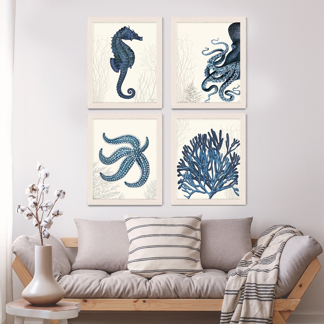Nautical Bathroom Wall Art Set of 4 Blue Nautical Art Prints Blue