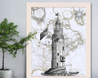 Winstanley Eddystone Lighthouse print on Nautical Map, Wall Art Print Nautical print sea picture beach house decor wall decor wall hanging