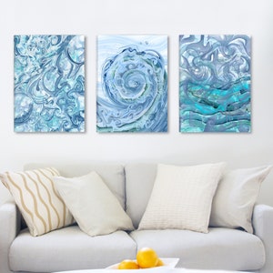 Sea swell print set of 3 abstract art Nautical decor, Blue Wall art, Large canvas art, Beach house decor, Ocean painting, Coastal blues image 1