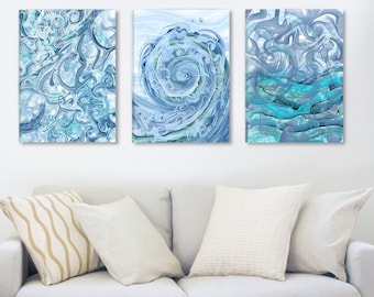 Zee deining print set van 3 abstracte kunst nautische decor, blauwe muur kunst, grote canvas kunst, strandhuis decor, oceaan schilderij, kustblues