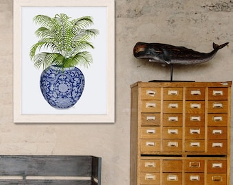 Ginger jar art print - Chinoiserie Vase 6 With Plant - Palm leaf decor Tropical room art Chinese decorating Floral interiors Blue and white